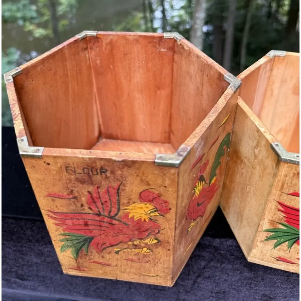 4 MCM 1960’s Japan Betson's Wood Rooster Hexagon 6-Sided Nesting Canisters